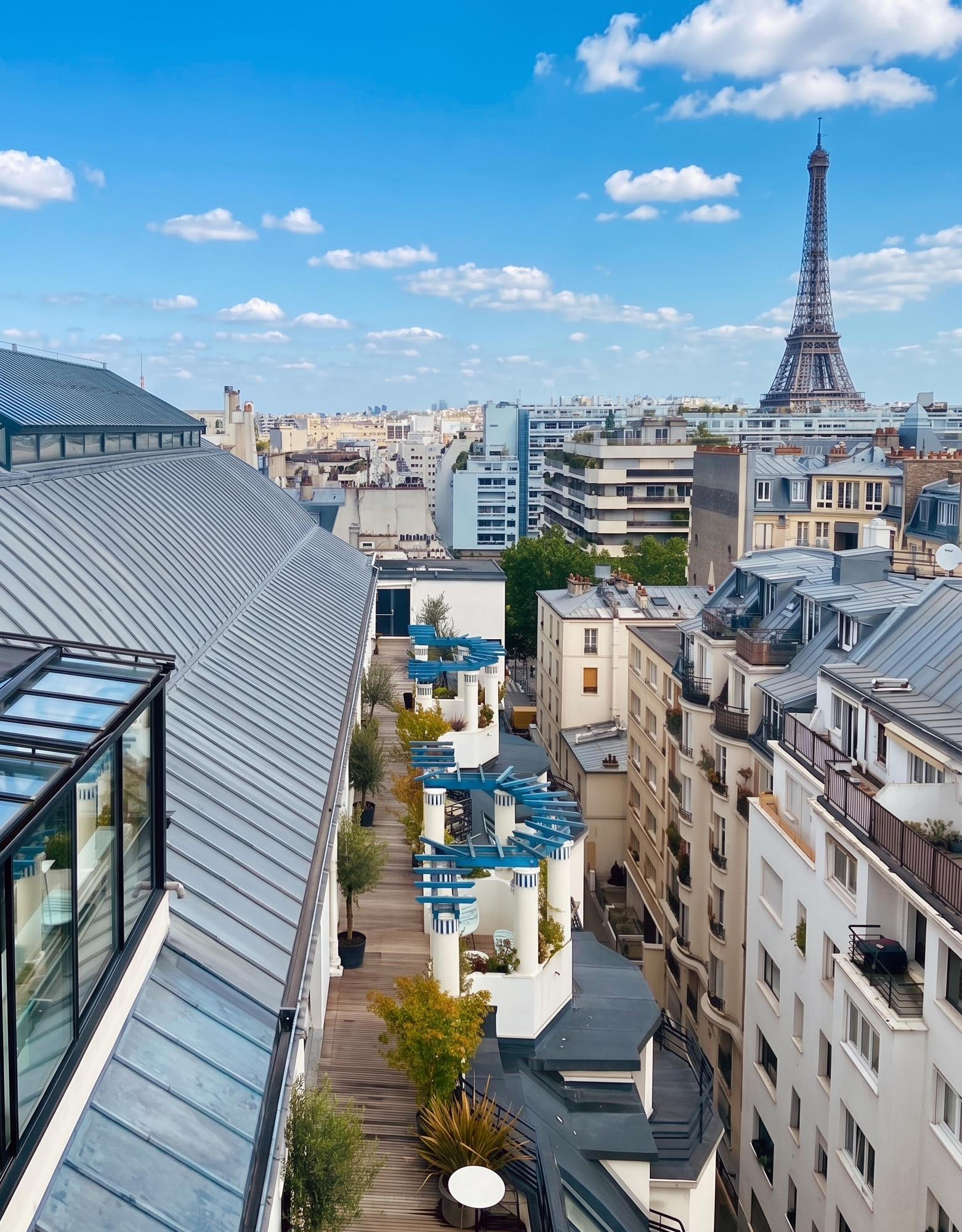 Outdoor terrace with view of the Eiffel Tower